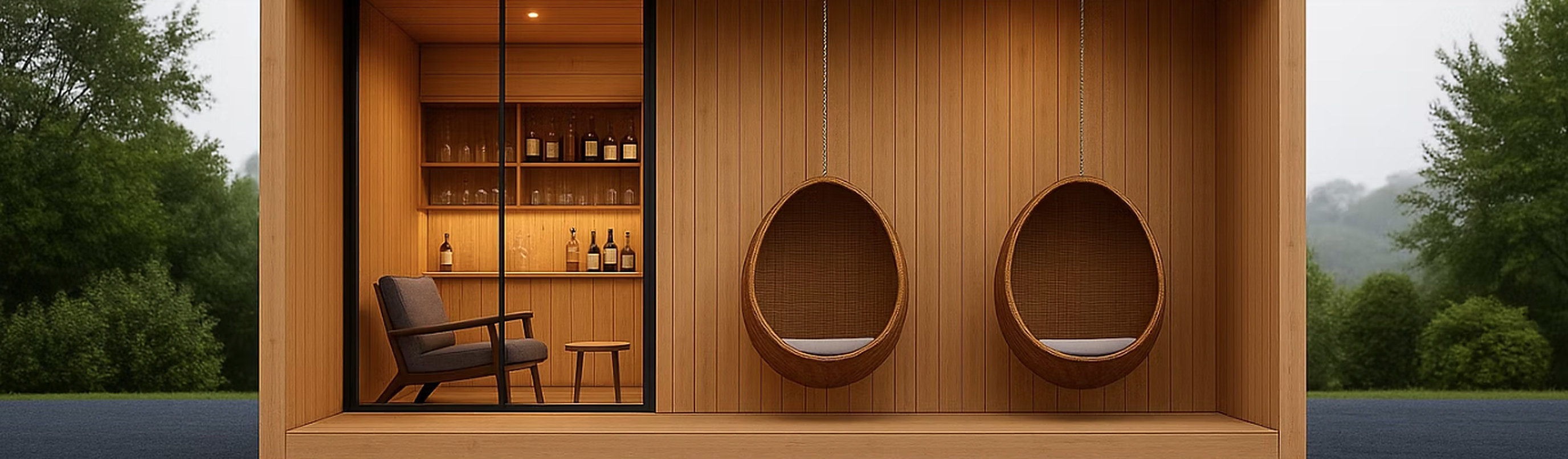 Warm timber-lined studio with a reading chair, drinks cabinet and two hanging chairs