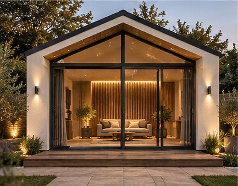 Rendered garden studio seen front-on, with glazed gable, wall lights and a timber deck
